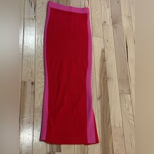 Pink and red vintage color block midi skirt